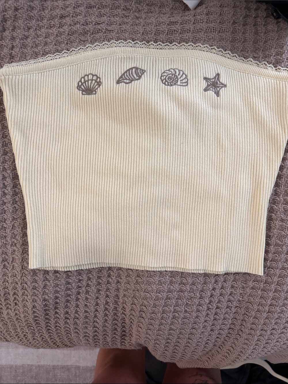 Cream Ribbed Strapless Crop Top with Shell Embroidery